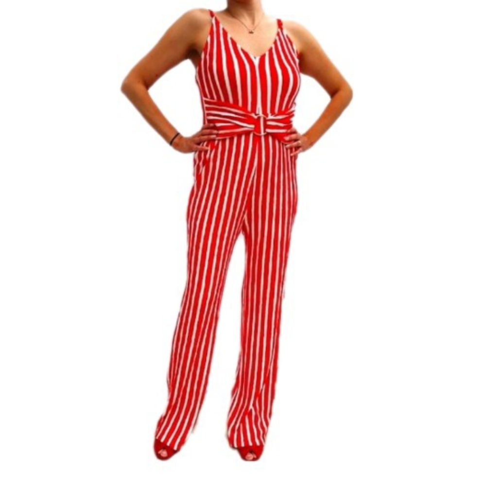 AKIRA Belted Spaghetti Strap V-Neck Jumpsuit Candy Cane Red White Size Small